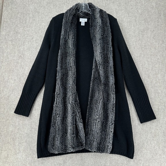 Soft Surroundings Beaumont Faux Fur Trim Black Open Wool Cardigan Sweater LARGE‎ - Picture 1 of 8